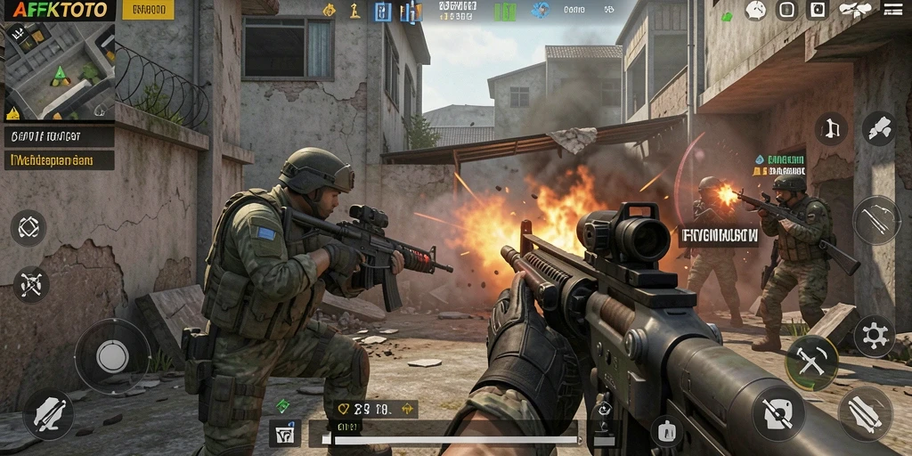Tampilan gameplay AFKTOTO yang mendebarkan dalam suasana pertempuran FPS.