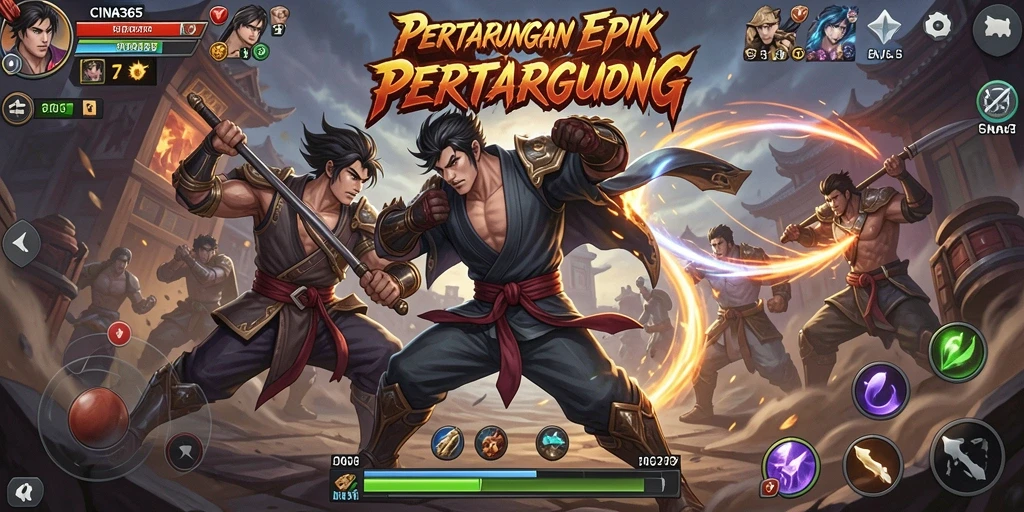 Tampilan gameplay CINA365 dengan pertarungan yang epik dan karakter beragam.