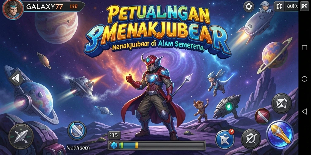 Screenshot gameplay GALAXY77 menampilkan petualangan epik luar angkasa.
