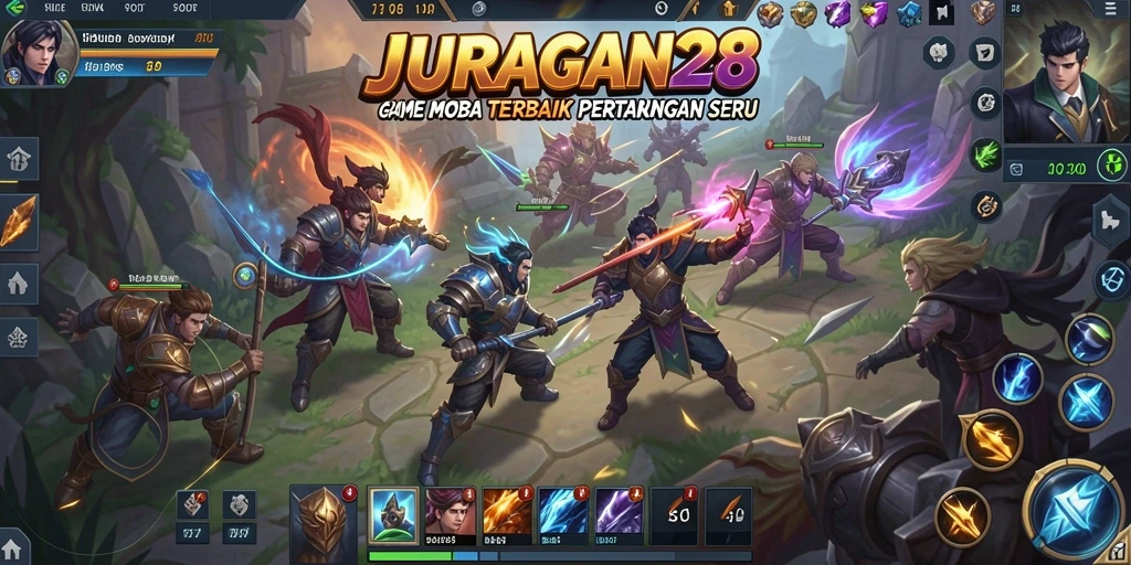 Screenshot menampilkan pertarungan epik dalam JURAGAN28 MOBA.