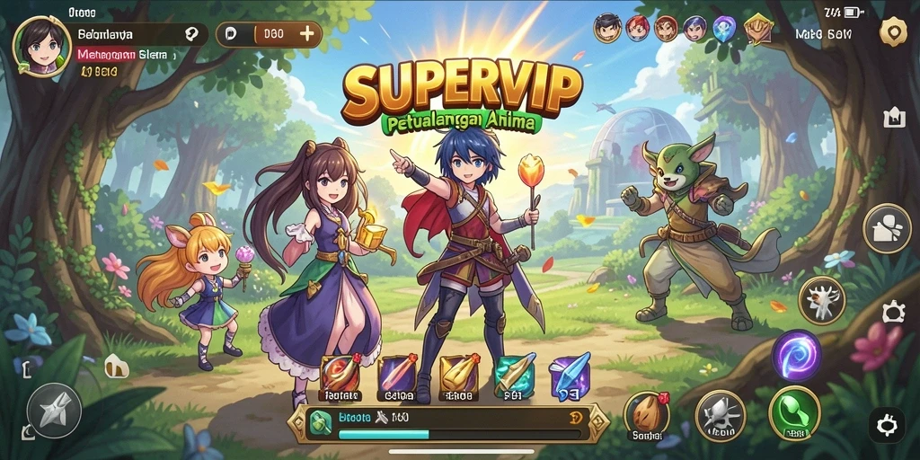 Tampilan gameplay dinamis di SUPERVIP dengan karakter anime yang menarik.